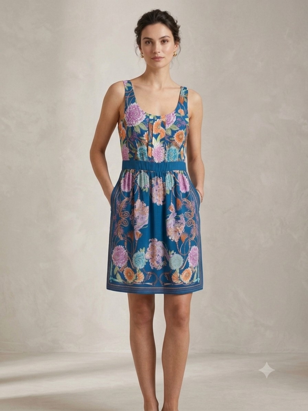 Anthropologie Moulinette 100% Silk Teal Floral Scoop-Neck Mini Dress